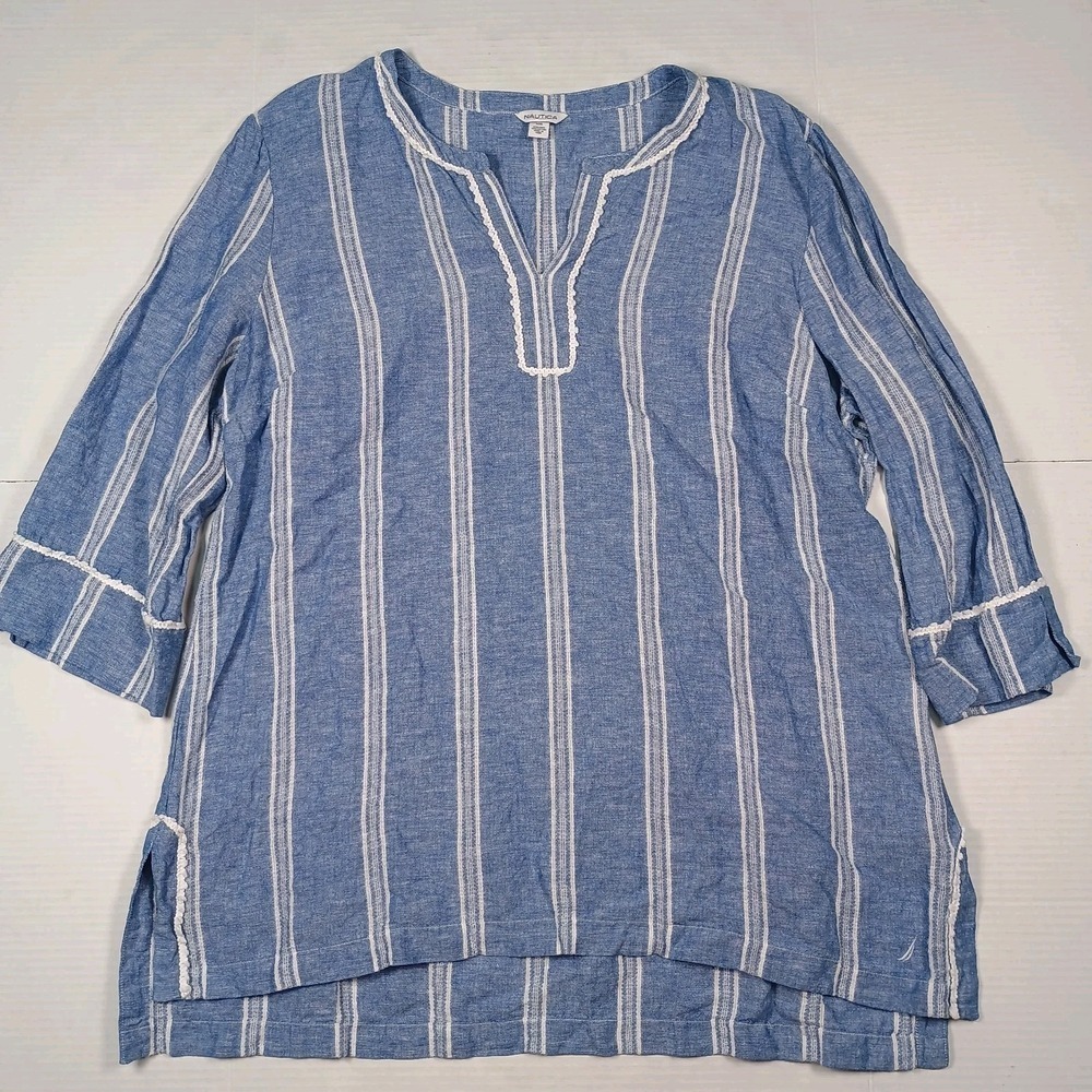 Nautica Women's Linen Cotton Blue Chambray Stripe Shirt Flowy Beach Vacation XXL